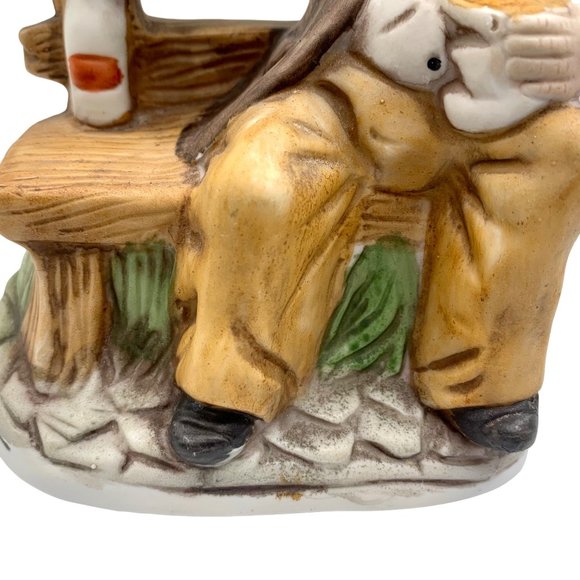 Vintage Hand-Painted Ceramic Figurine Of Man On Bench Holding Jug & Bowl - Picture 4 of 11
